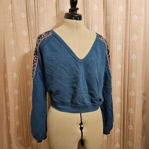 Free People Blue V-Neck Sweatshirt with Embroidered Shoulders